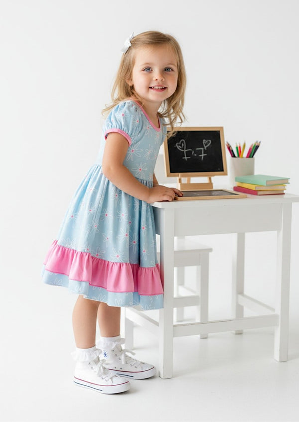 Toddler Blue Petals Double Ruffle Puff Sleeve Twirl Dress - Twirl Dresses