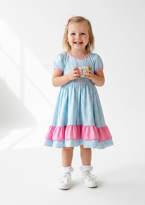Toddler Blue Petals Double Ruffle Puff Sleeve Twirl Dress - Twirl Dresses