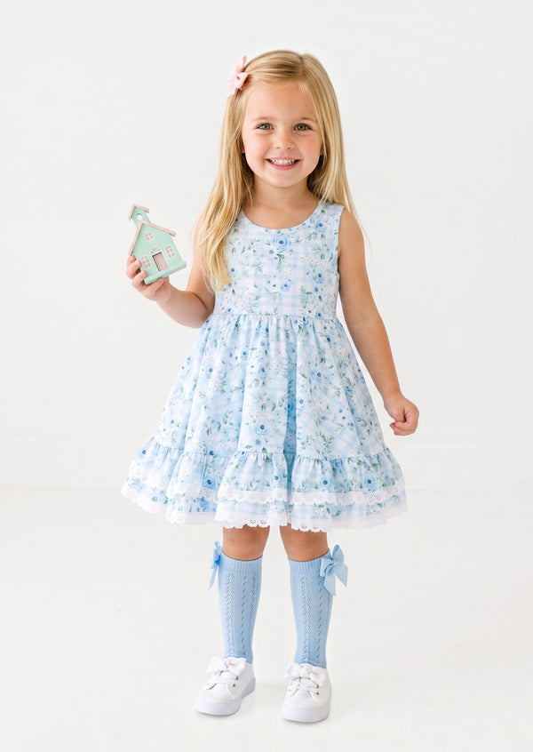 Girls Blue rose print twirl dress - Twirl dresses