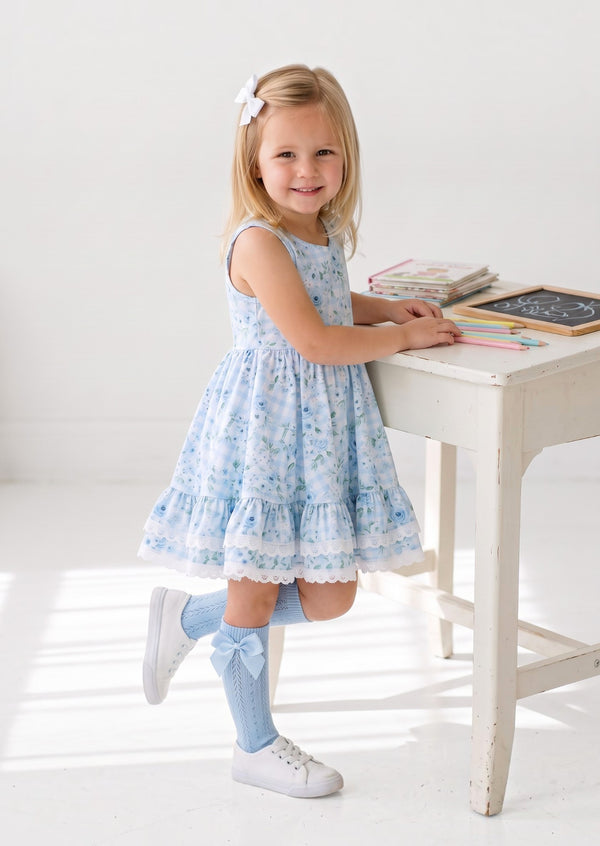 Girls Blue rose print twirl dress 