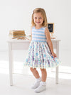 girls blue floral and stripe print twirl dress