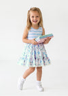 girls blue floral and stripe print twirl dress