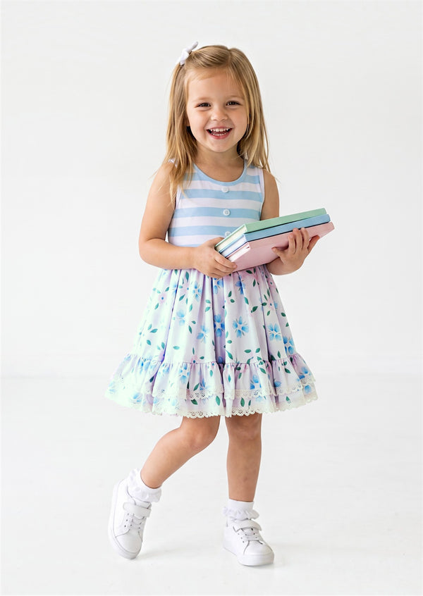 girls blue floral and stripe print twirl dress