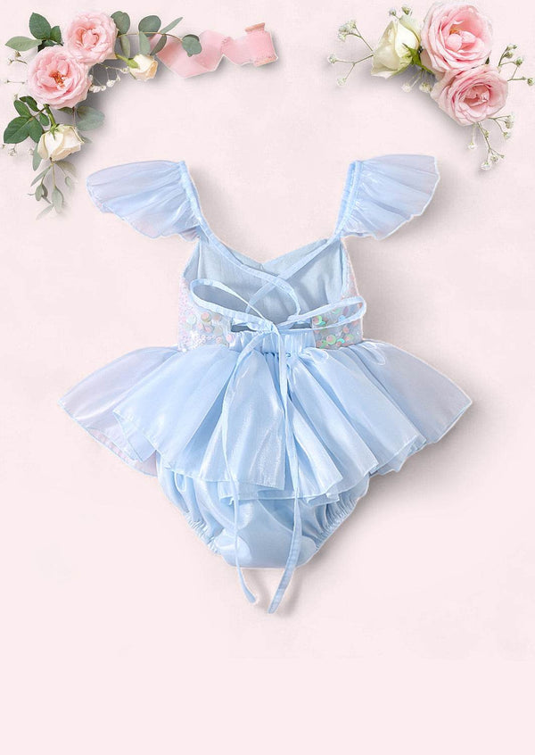 Blue Ruffle Sleeve Sparkly Ruffle Romper | Baby Girl Milestone Photo Outfit