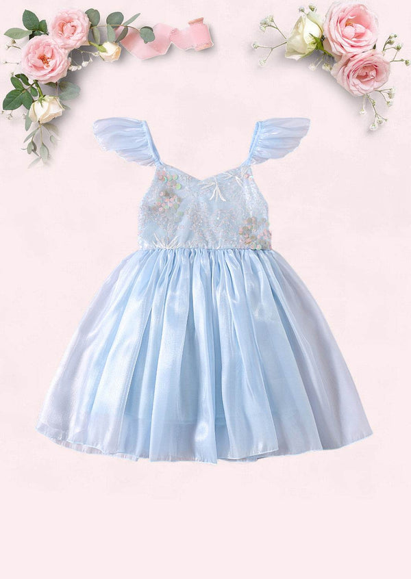 Blue Ruffle Sleeve Sparkly Toddler Dress Special Occasion Sequin Dress