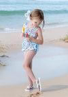 Blue floral print toddler girl one piece backless swimsuit
