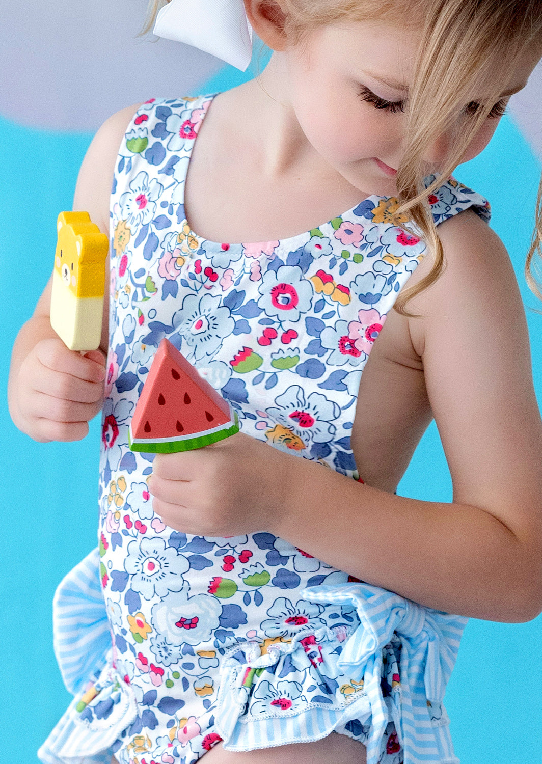 Blue floral print toddler girl swimsuit