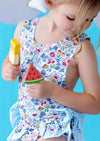 Blue floral print toddler girl swimsuit