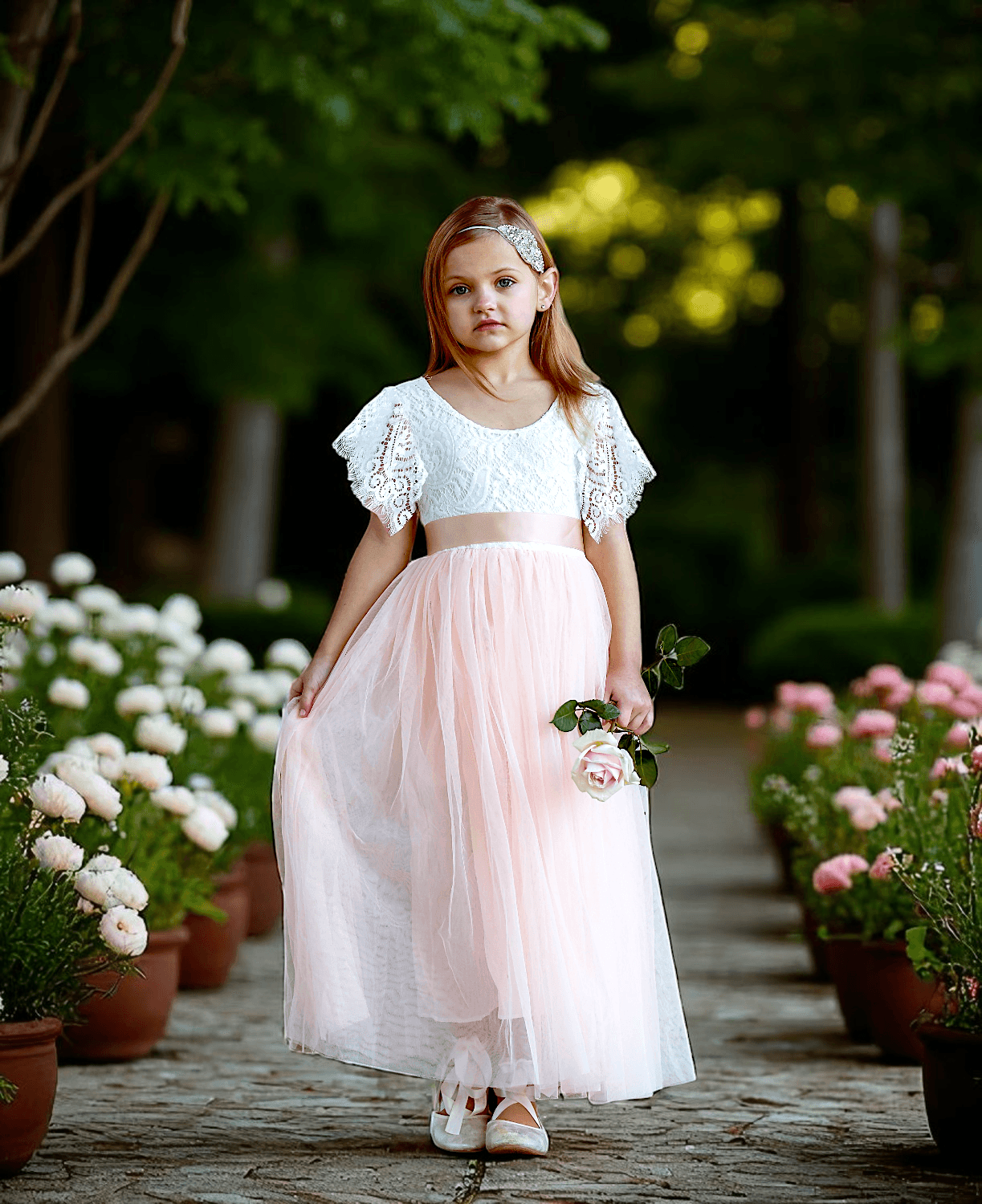 Blush Boho Rustic Tulle & Lace V-Back Flower Girl Dress for Fall Weddings