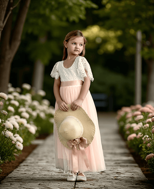 Blush Boho Rustic Tulle & Lace V-Back Flower Girl Dress for Fall Weddings