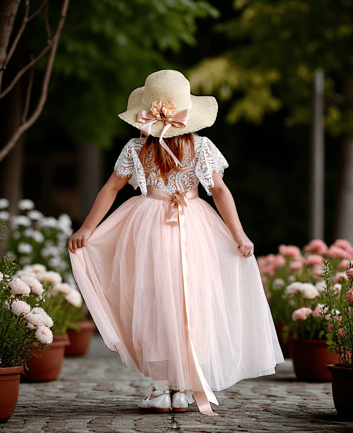 Blush Boho Rustic Tulle & Lace V-Back Flower Girl Dress for Fall Weddings
