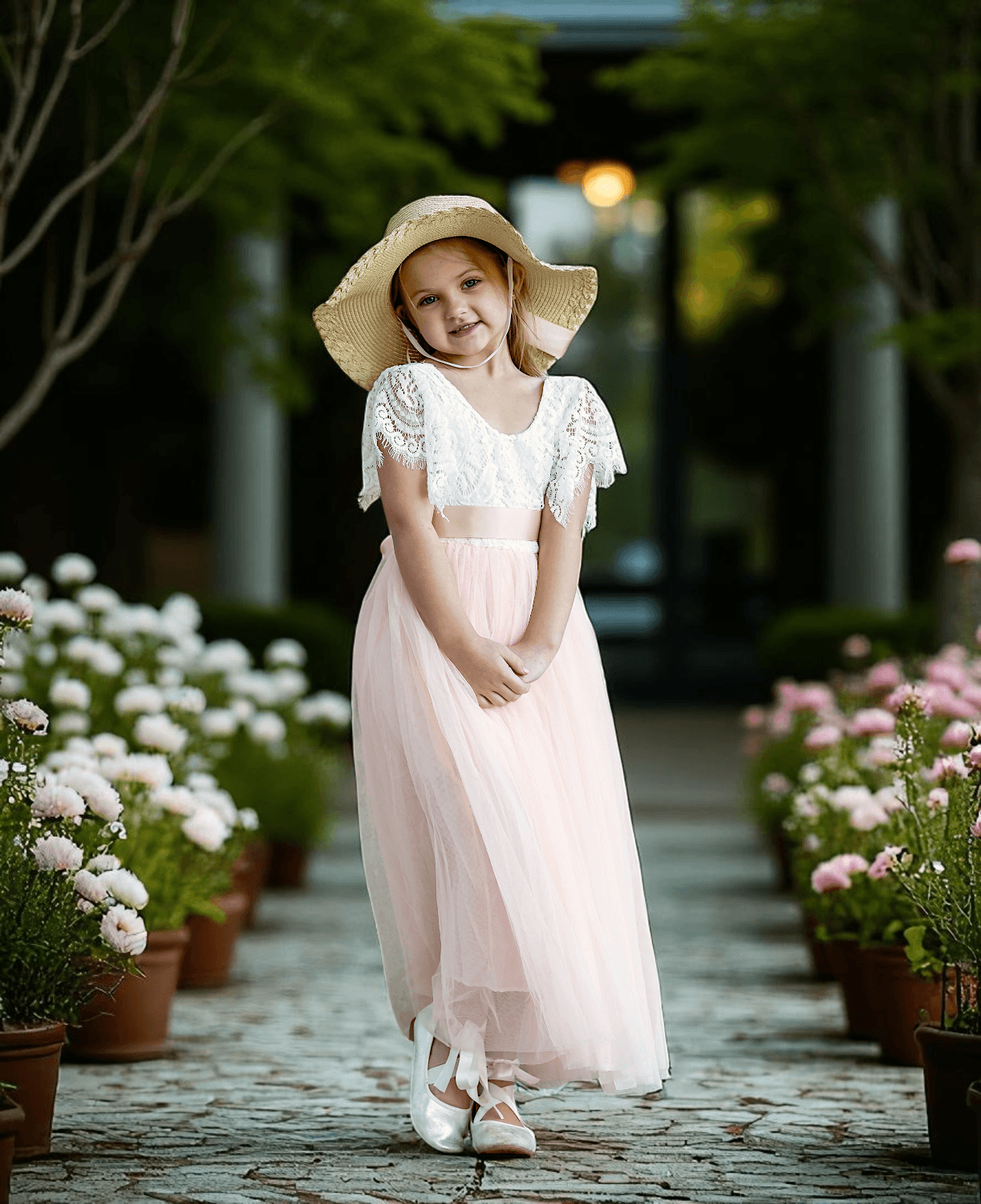 Blush Boho Rustic Tulle & Lace V-Back Flower Girl Dress for Fall Weddings