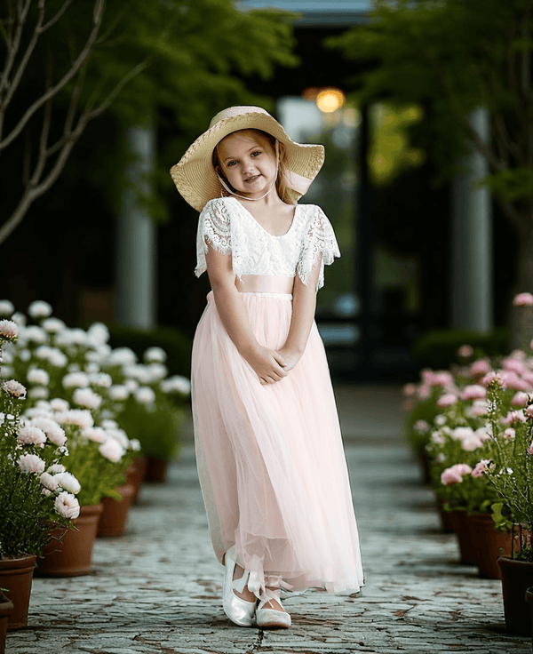 Blush Boho Rustic Tulle & Lace V-Back Flower Girl Dress for Fall Weddings