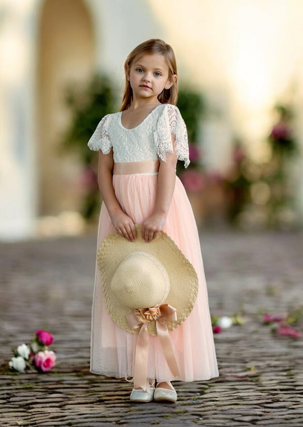 blush and white flower girl dresses with blush sash