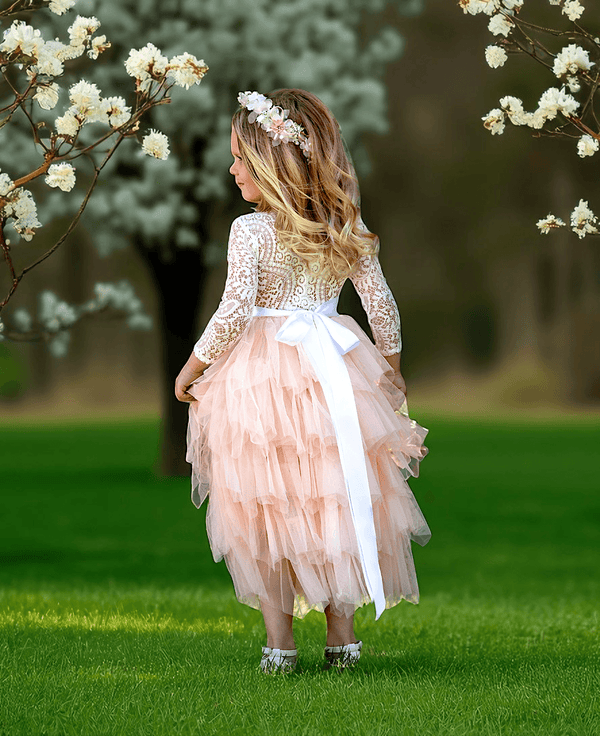 Blush Layered Tulle Rustic Toddler Flower Girl Dress for Fall Weddings