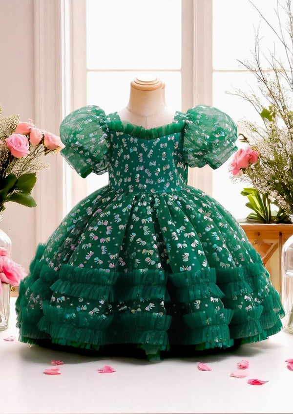 Baby Toddler Girls Green Puff Sleeve Bow Print Princess Party Dress