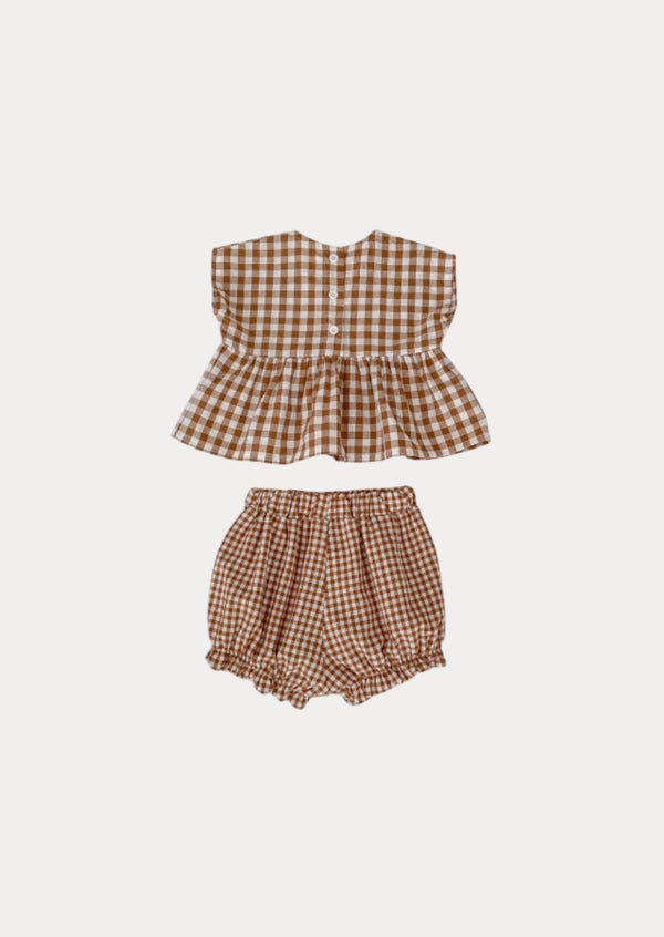 Floral Embroidered Brown Check Bloomer Set