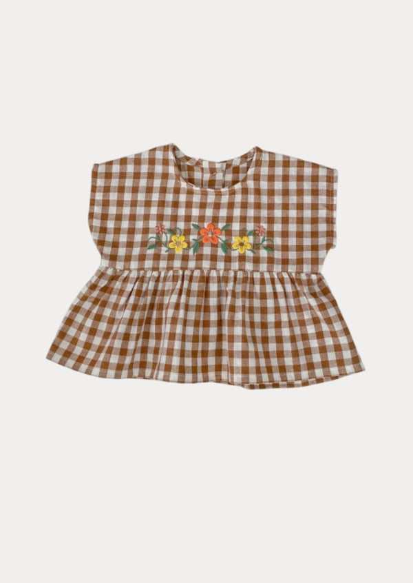 Floral Embroidered Brown Check Bloomer Set