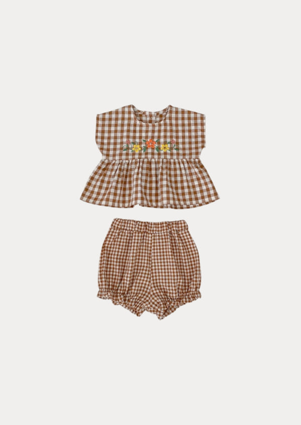 Floral Embroidered Brown Check Bloomer Set
