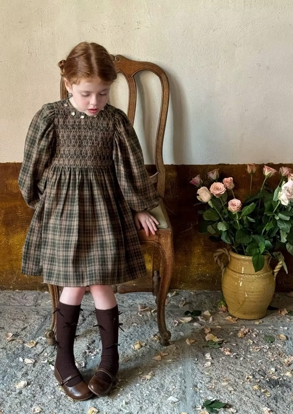 Ruby June Brown Plaid Smocked Dress