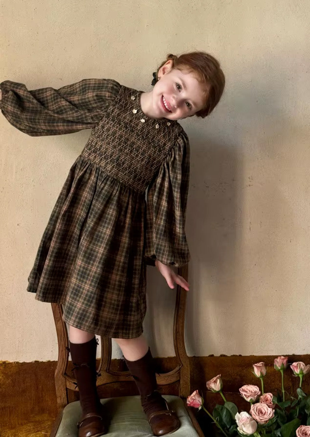 Ruby June Brown Plaid Smocked Dress