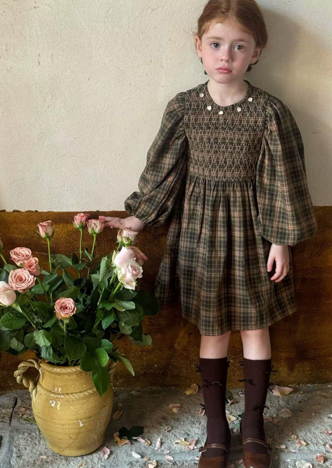 Ruby June Brown Plaid Smocked Dress