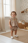 Floral Embroidered Brown Check Bloomer Set