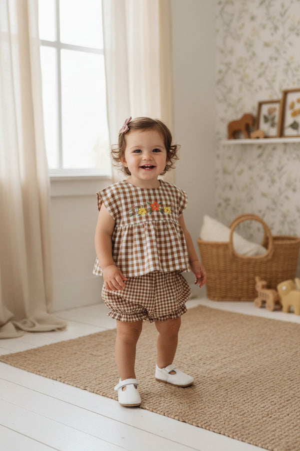 Floral Embroidered Brown Check Bloomer Set
