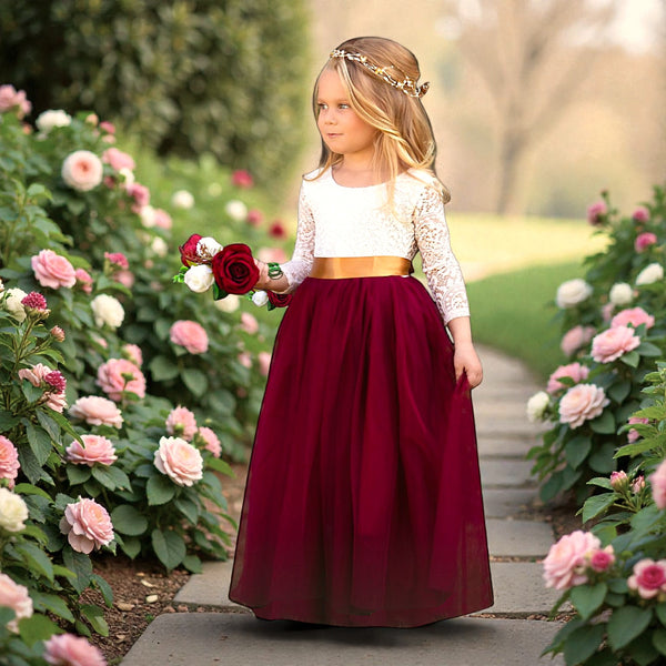 Burgundy Long Sleeve Tulle Flower Girl Dresses in Classic Boho Style
