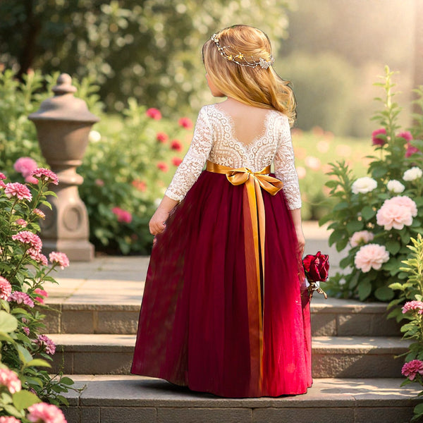 Two Tone Burgundy Long Sleeve Tulle Flower Girl Dresses in Classic Boho Style