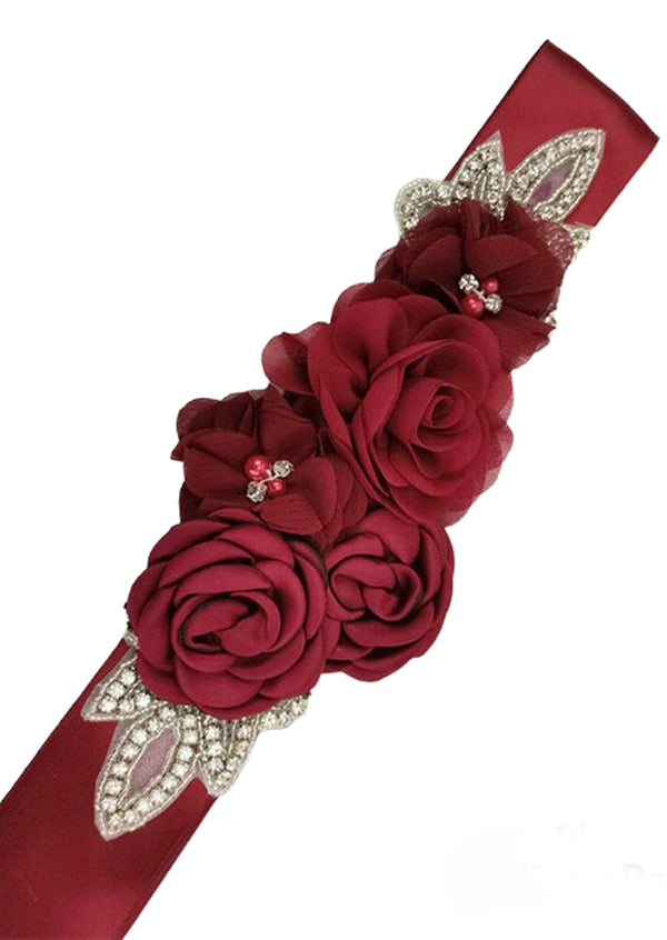 burgundy flower sash belt