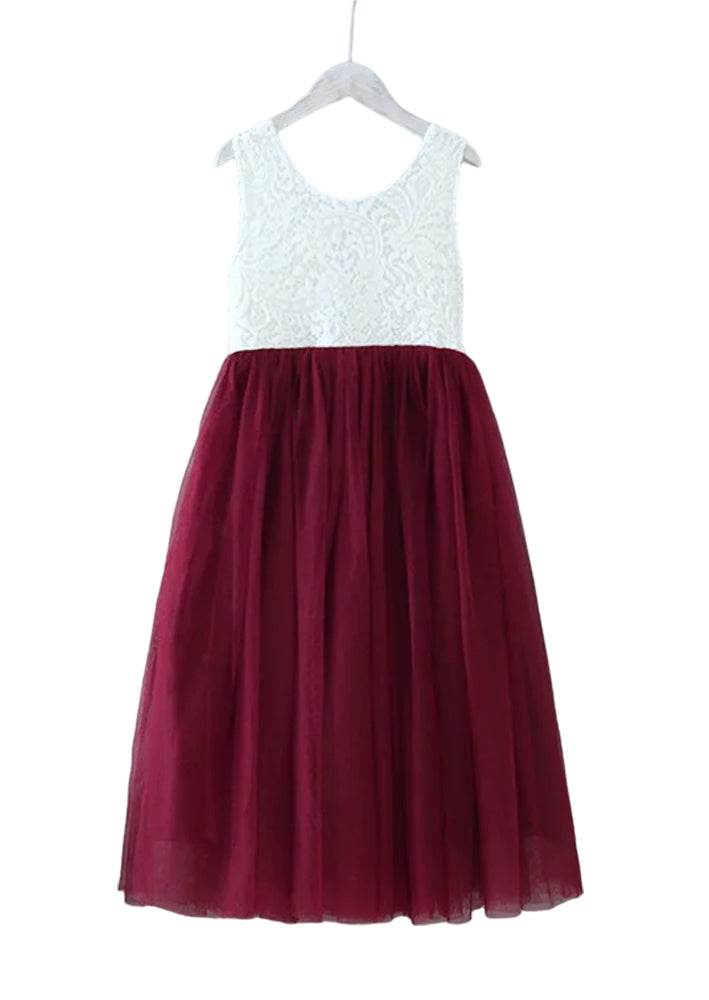 Burgundy Sleeveless Rustic Boho Flower Girl Dress with Vintage Charm Dress with Plain Sash