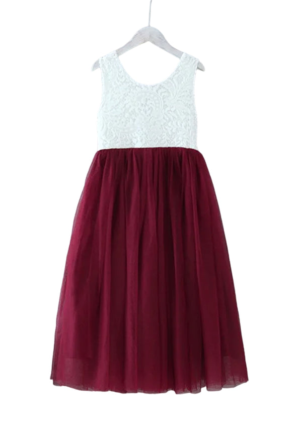 burgundy sleeveless flower girl dress
