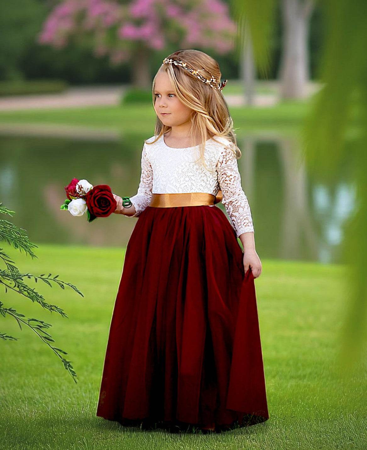 Burgundy Long Sleeve Tulle Dress – Elegant Fall Flower Girl Dress for Rustic Weddings
