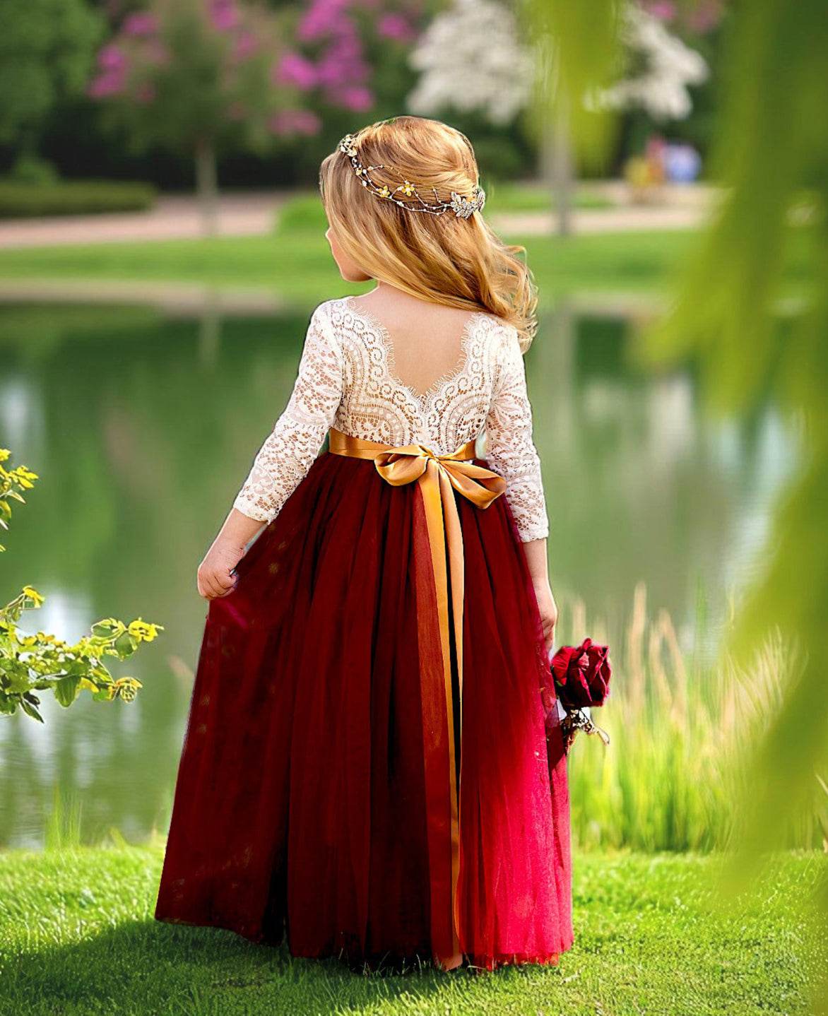 Burgundy Long Sleeve Tulle Dress – Elegant Fall Flower Girl Dress for Rustic Weddings