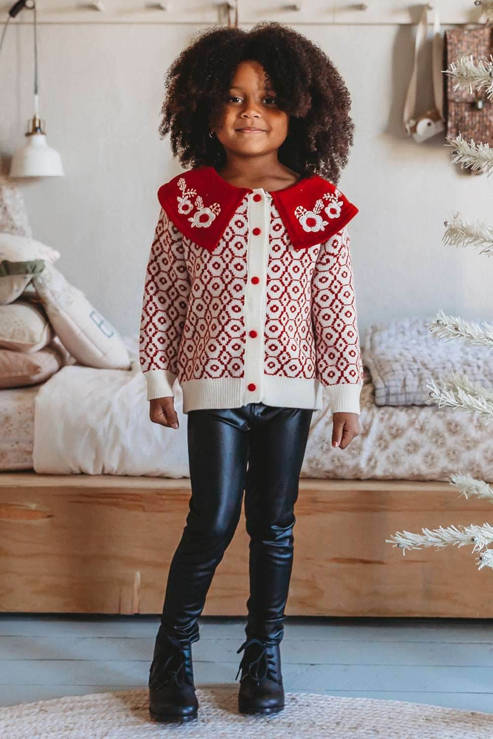 Print Collared Cardigan | Red