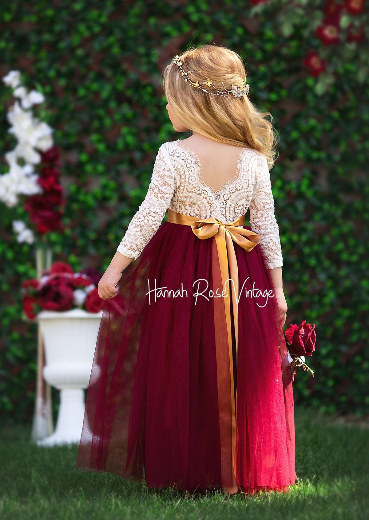 Burgundy Lace and Tulle Flower Girl Dress - Hannahrosevintageboutique.com