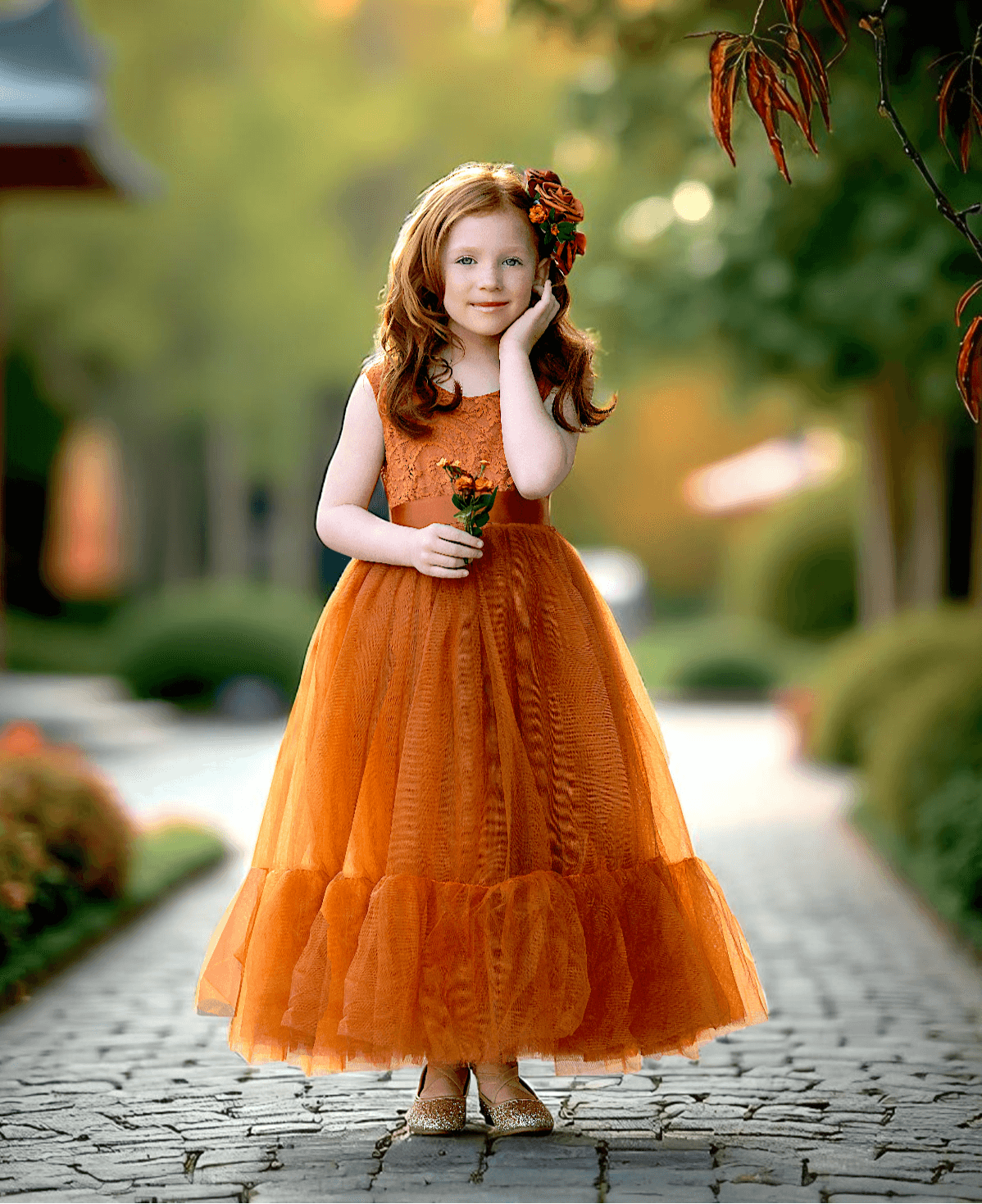 Burnt Orange Boho Tulle & Lace Toddler Dress for Fall or Spring Weddings