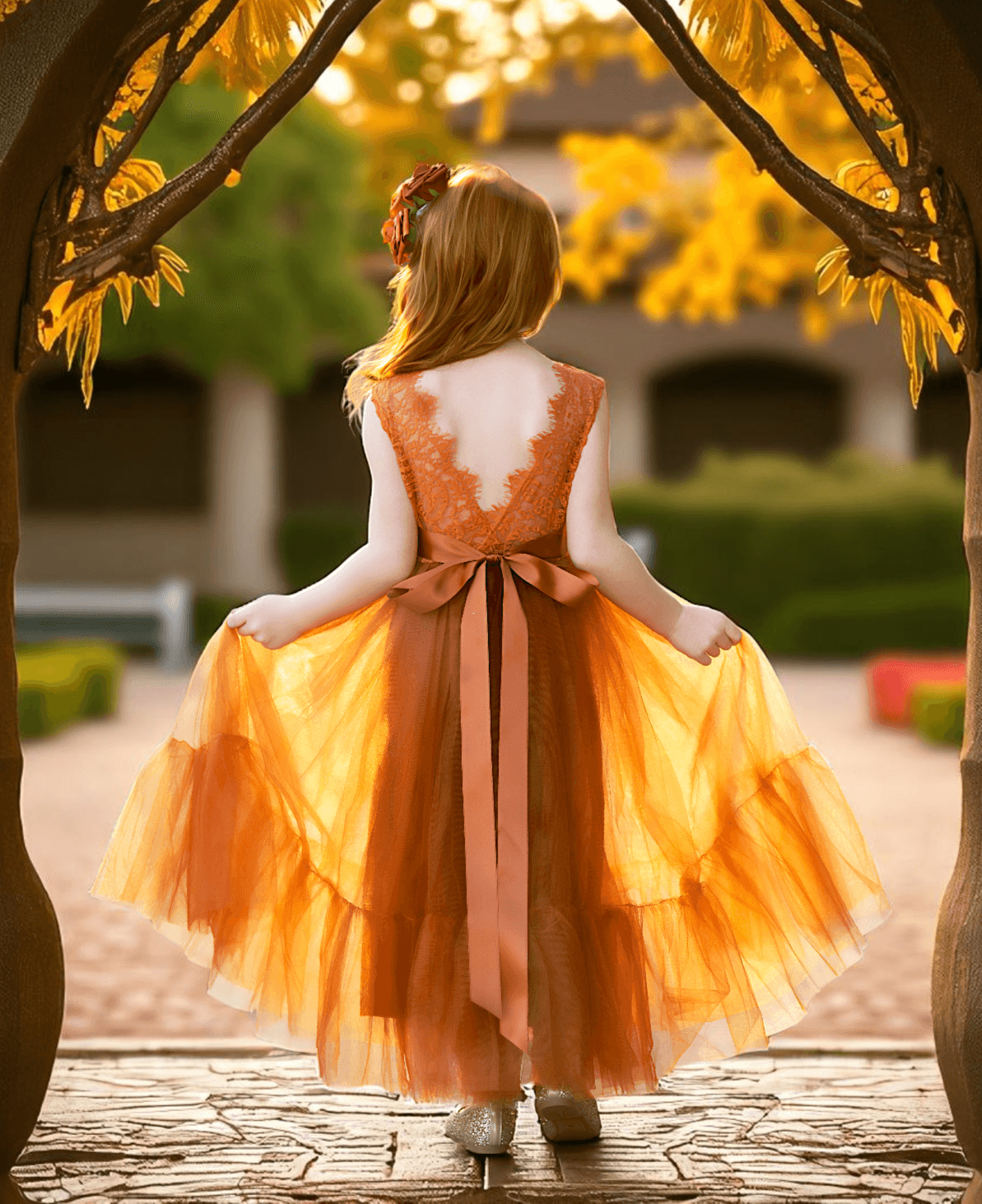Burnt Orange Boho Tulle & Lace Toddler Dress for Fall or Spring Weddings
