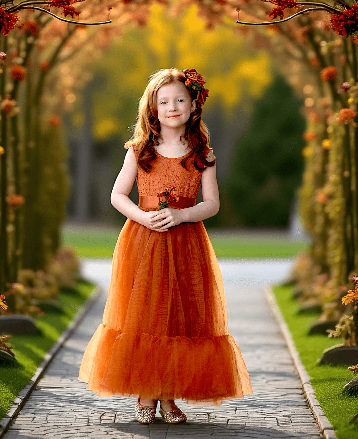 Burnt Orange Boho Tulle & Lace Toddler Dress for Fall or Spring Weddings