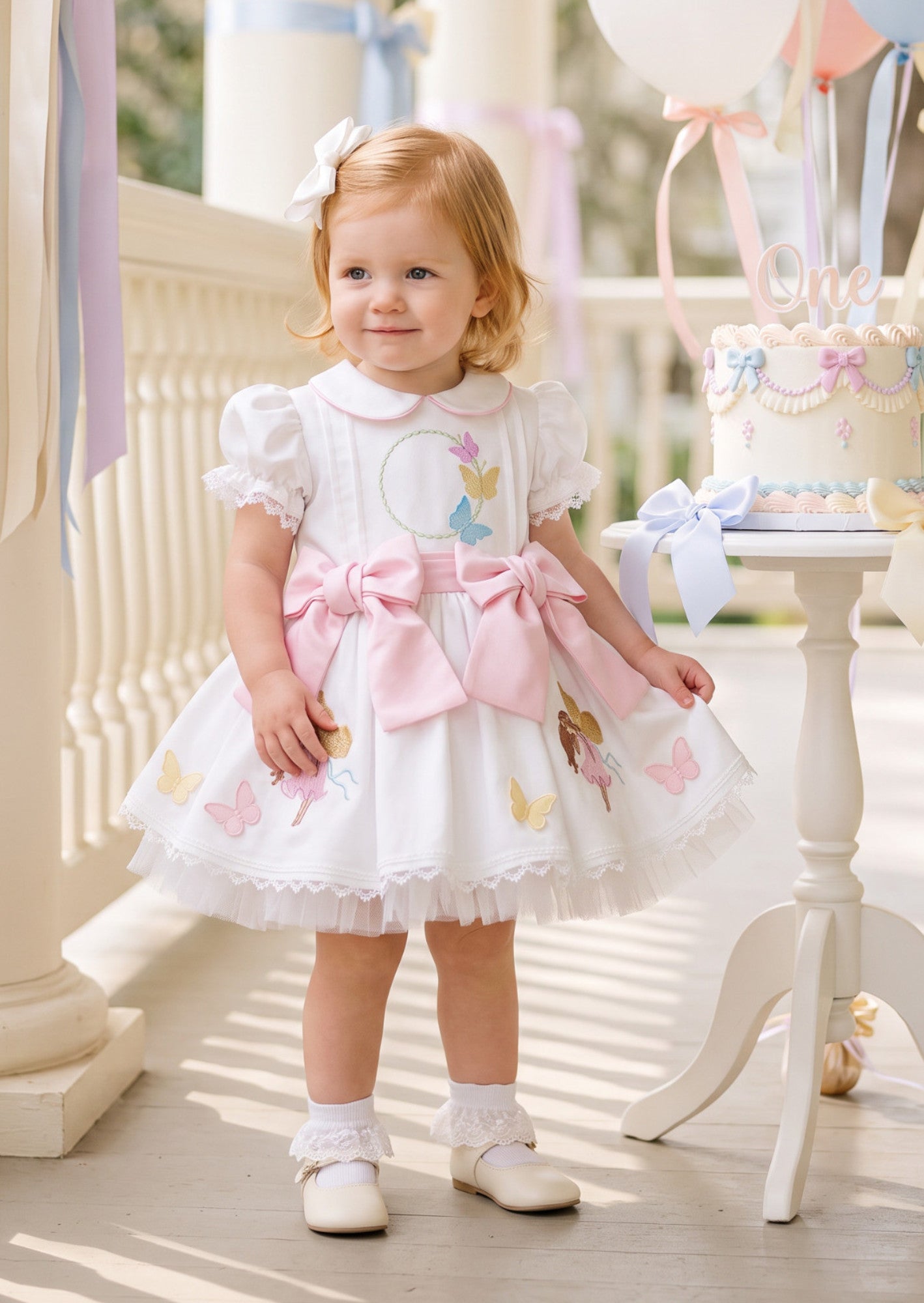 Bows & Butterflies Girls Embroidered Cotton Party Dress