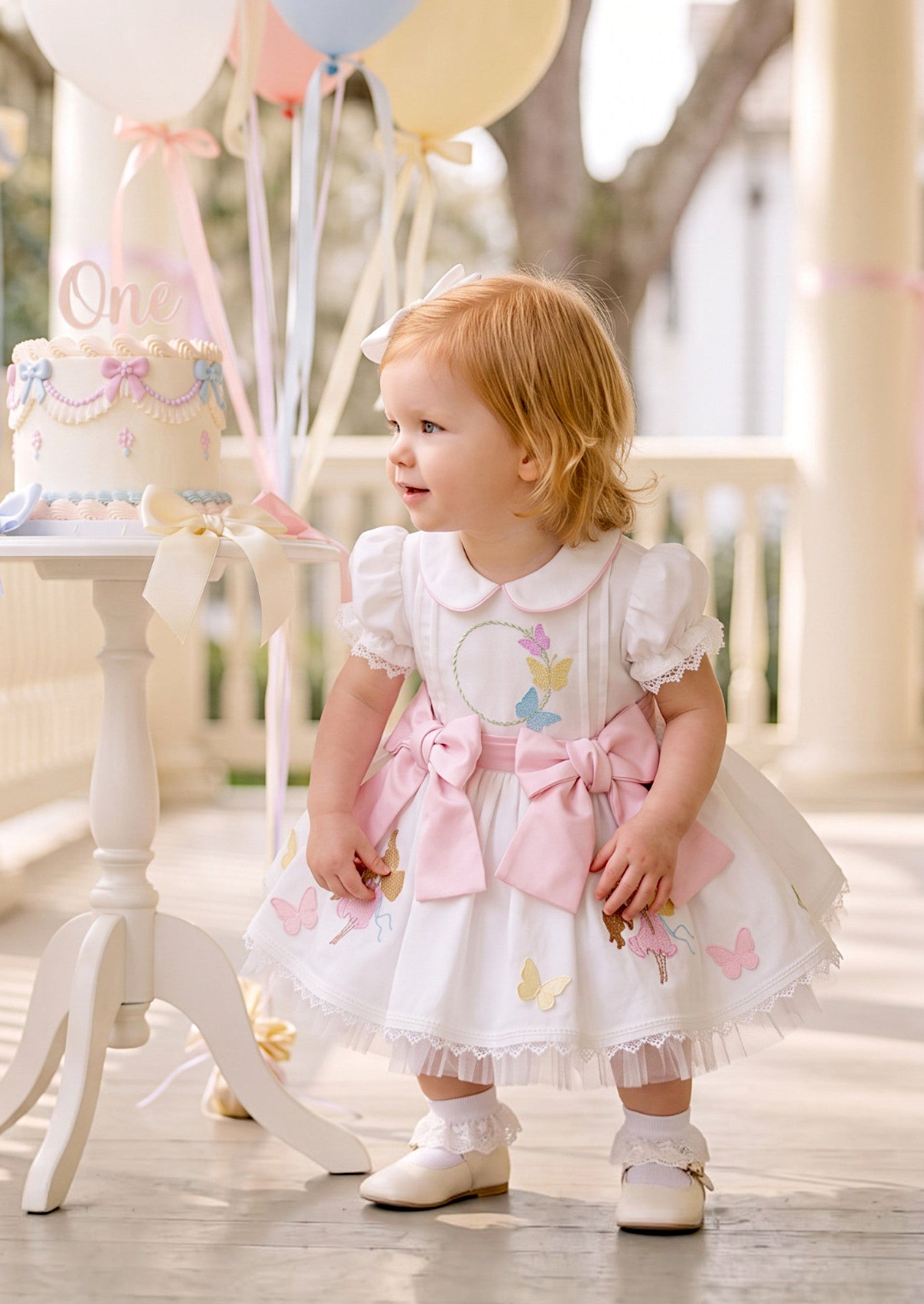 Bows & Butterflies Girls Embroidered Cotton Party Dress