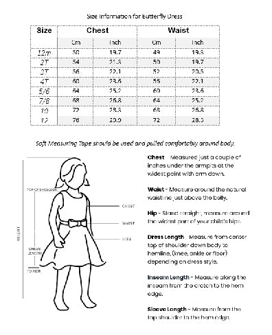 Girls party dress measuring chart