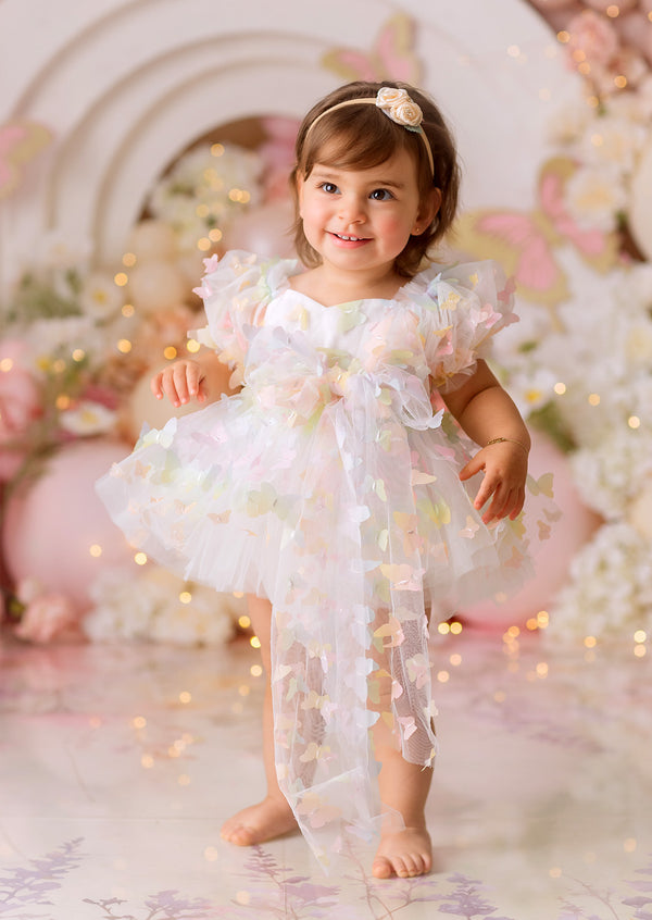 Zaya Pastel Rainbow Butterflies Romper || White Pink Yellow