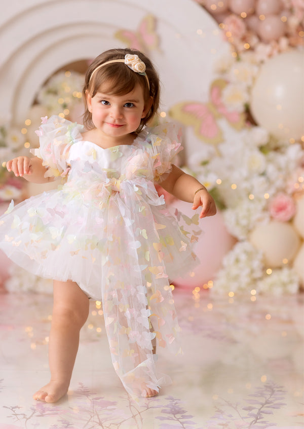 Zaya Pastel Rainbow Butterflies Romper || White Pink Yellow