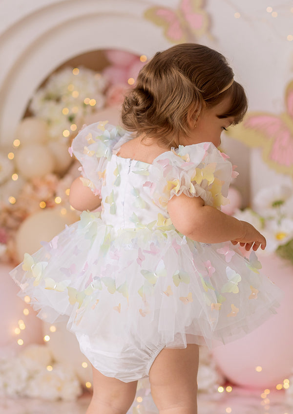 Zaya Pastel Rainbow Butterflies Romper || White Pink Yellow