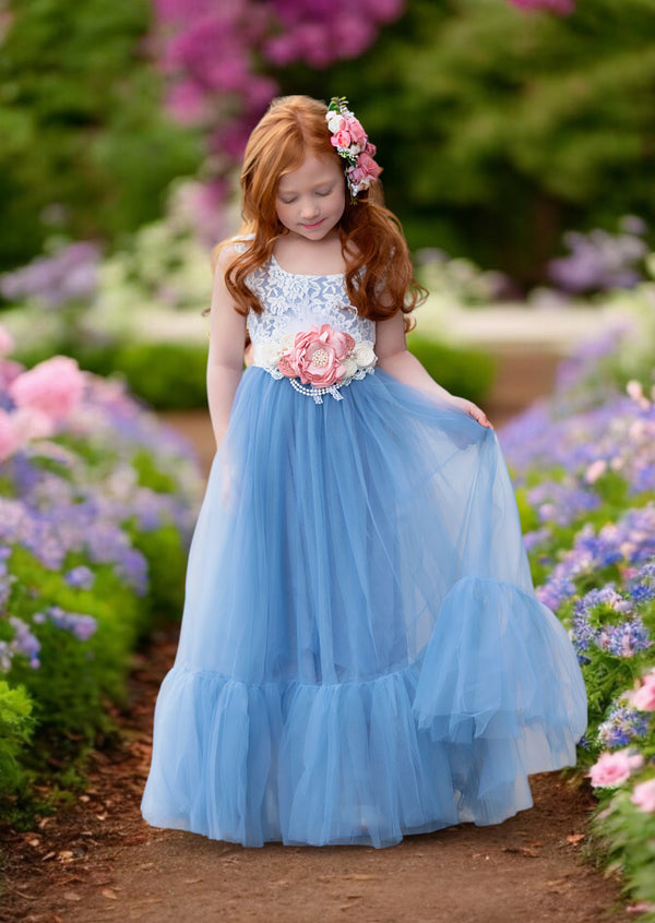 sleeveless dusty blue flower girl dresses with sash for toddlers