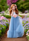 Dusty blue flower girl dresses with white lace bodice for weddings with rose flower sash