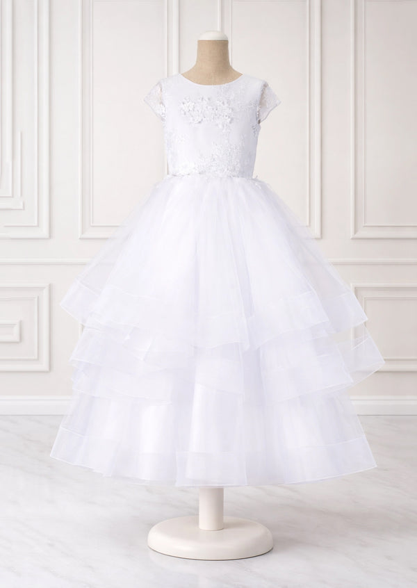 Cap Sleeve Tiered White Dress for Girls | First Communion Dress
