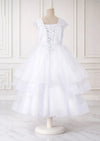 White tiered lace up flower girl dress back view